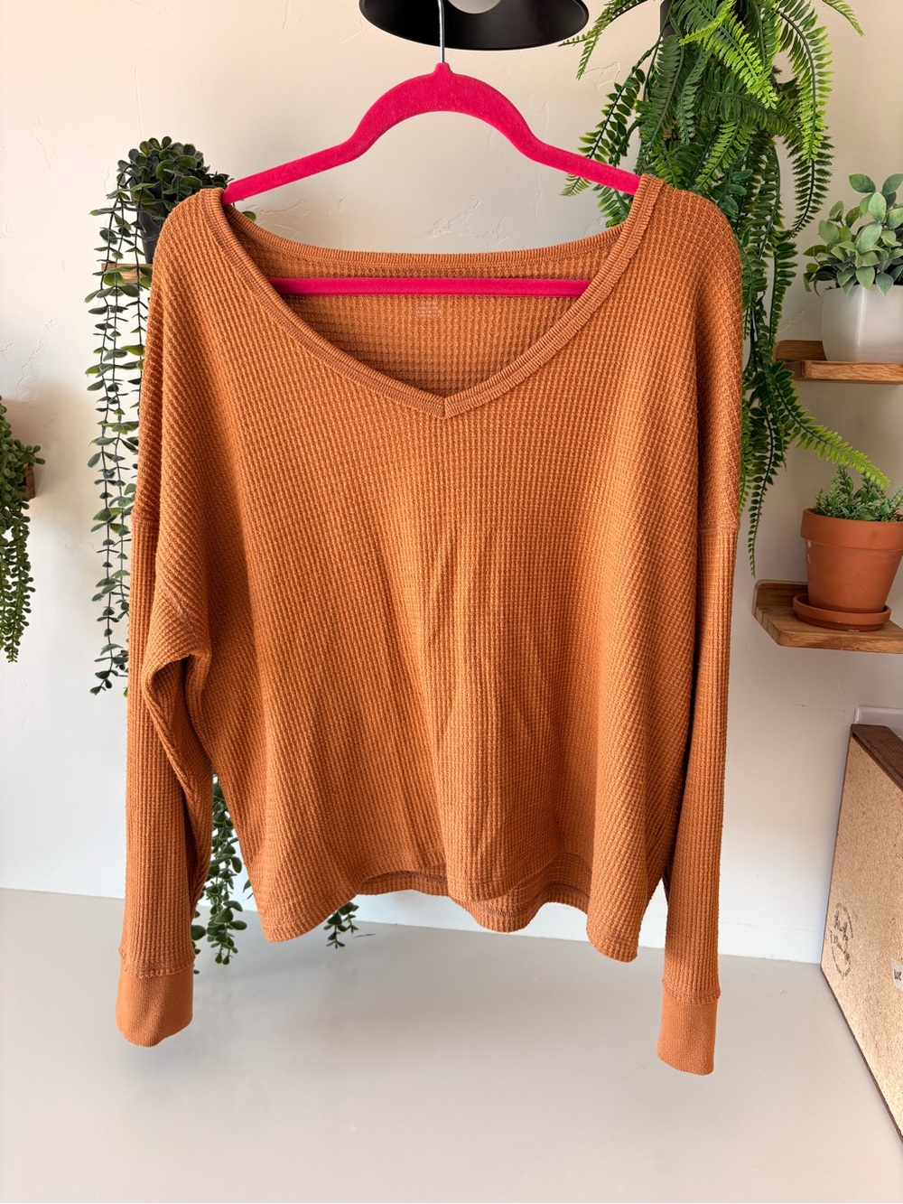 American Eagle Outfitters Waffle Knit Top in Rust Brown